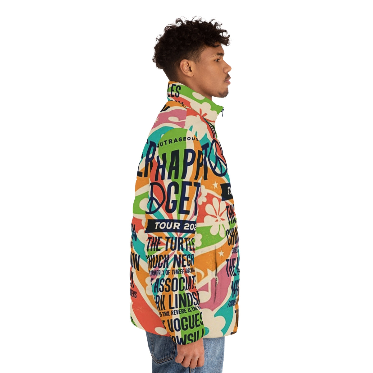 The Happy Together Tour 2021 Puffer Jacket, featuring a cozy design perfect for music festivals and outdoor adventures - men side right