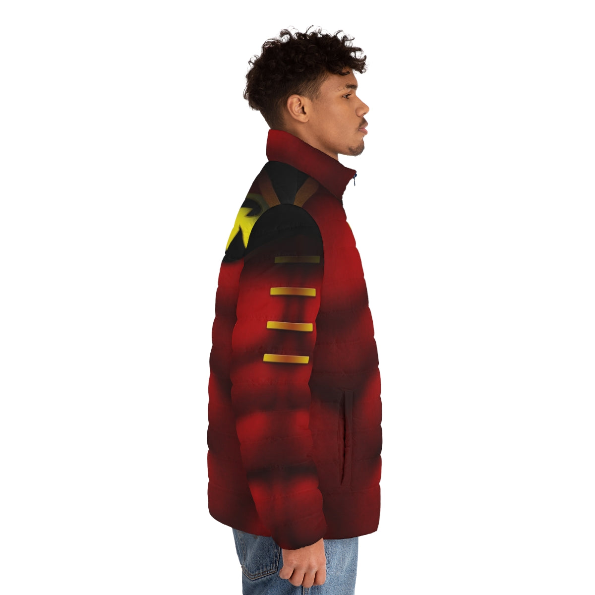 A vibrant puffer jacket featuring a superhero art design of the iconic character Red Robin. - men side right