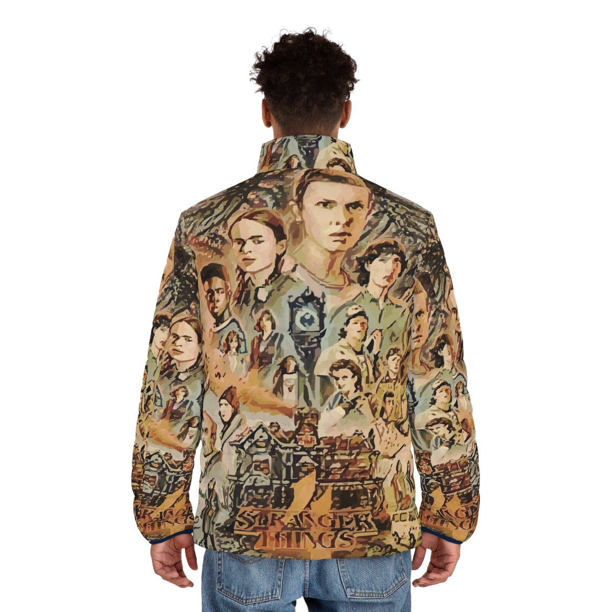 Stranger Things Eleven Puffer Jacket with show logo and character - men back