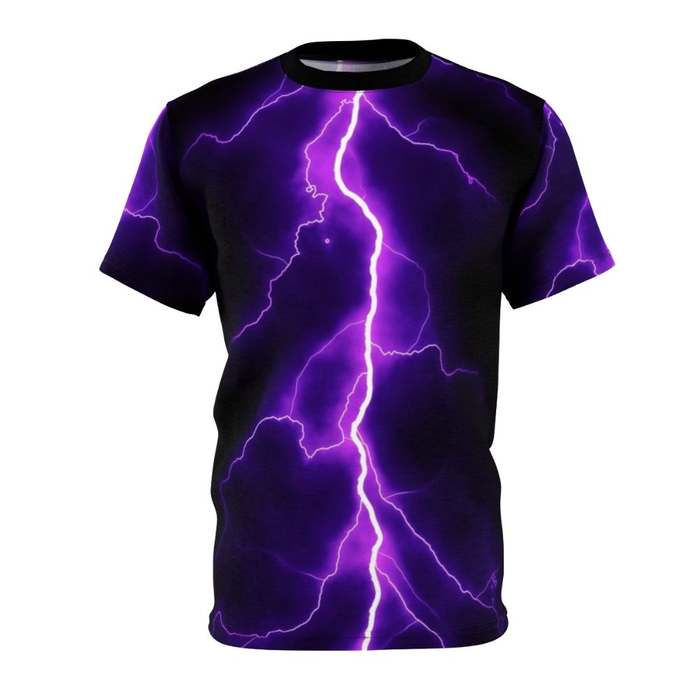 Person wearing a purple t-shirt with a striking lightning bolt design