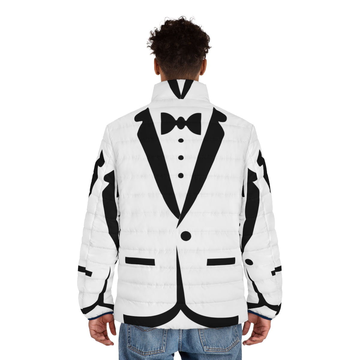 Bow tie tuxedo puffer jacket with animal print pattern - men back