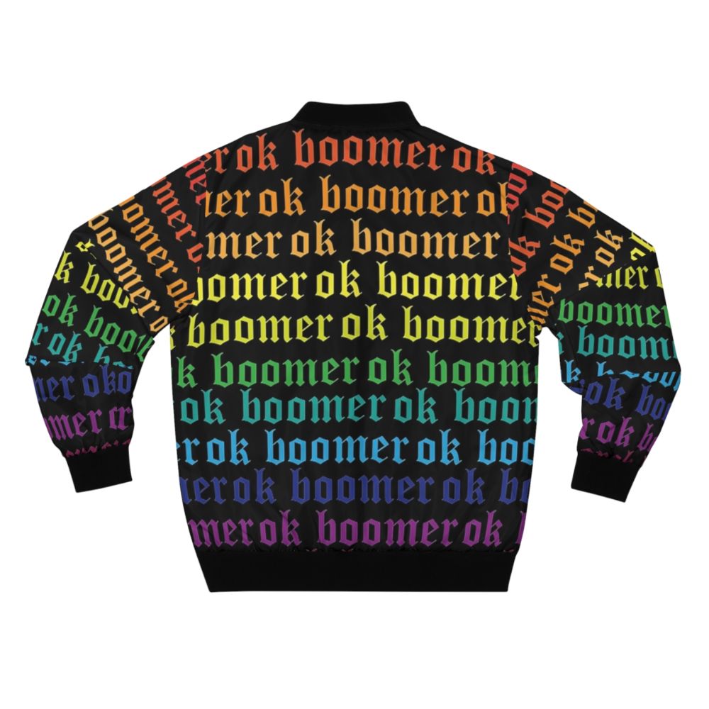 Rainbow "OK Boomer" Bomber Jacket featuring a bold graphic design - Back