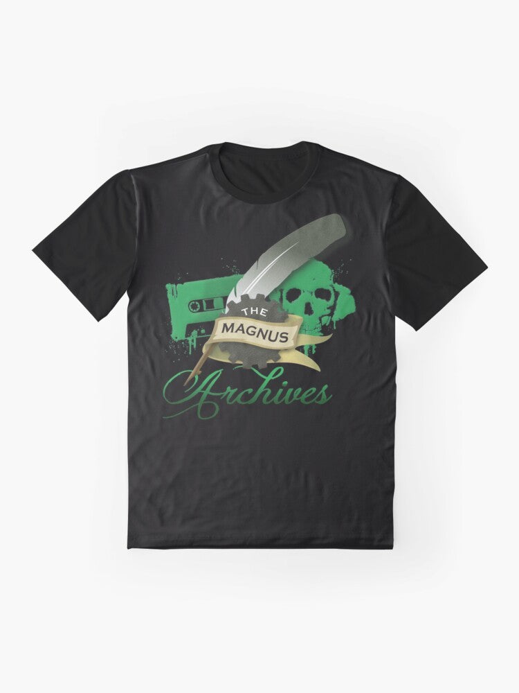 The Magnus Archives logo graphic t-shirt with cog, ink, and banner design - Flat lay