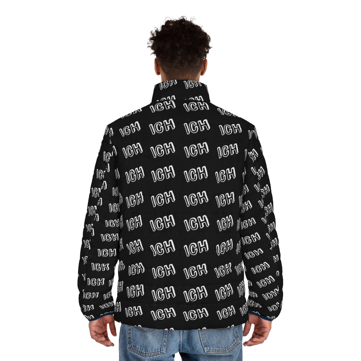 German-inspired "Ich Me" puffer jacket with white text design - men back