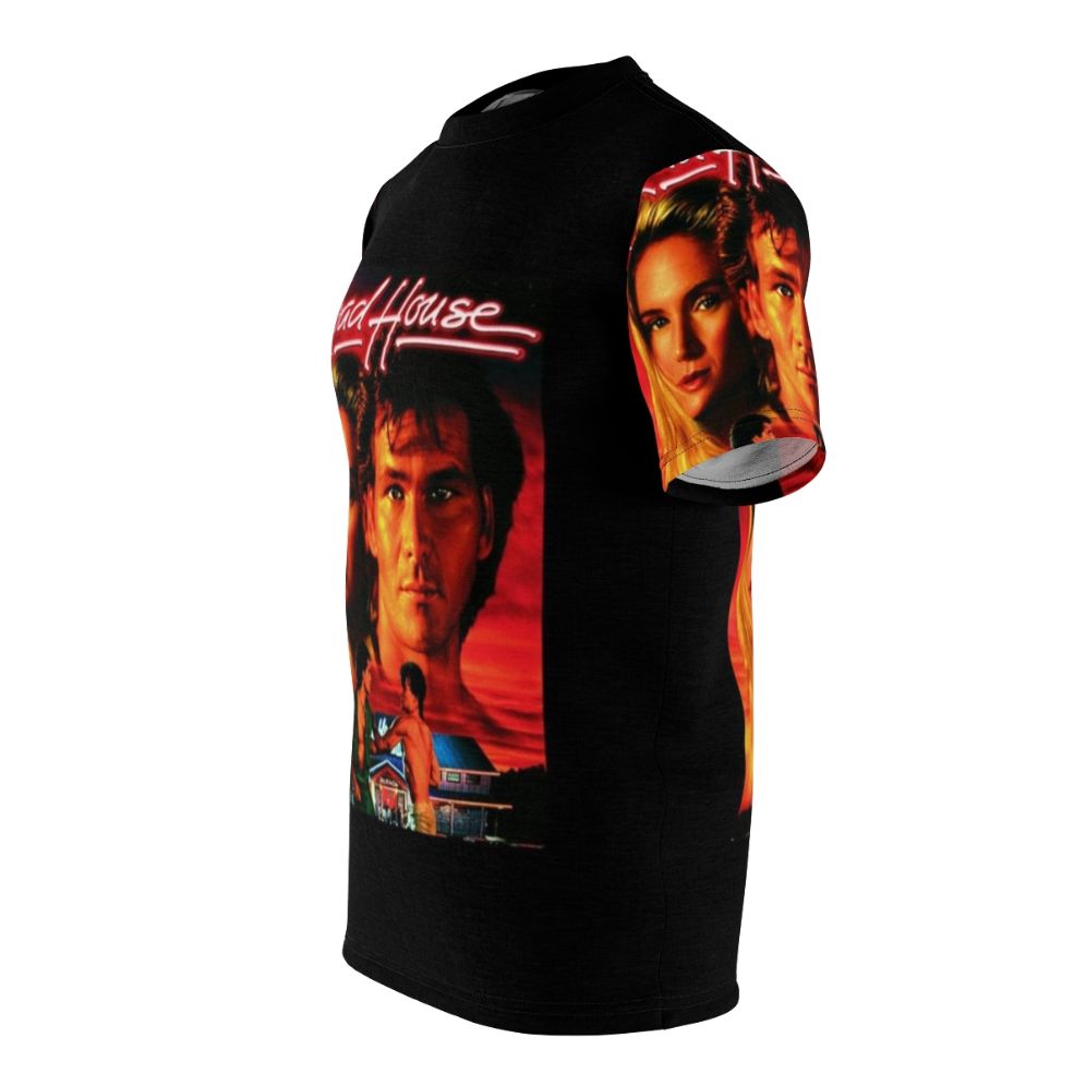 Retro-style t-shirt featuring the iconic "Roadhouse" movie logo and Patrick Swayze - men left