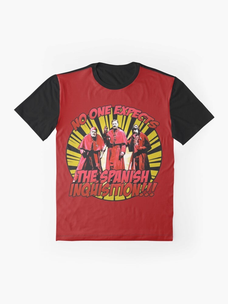 Graphic t-shirt featuring "No One Expects the Spanish Inquisition" design, a popular Monty Python comedy reference. - Flat lay