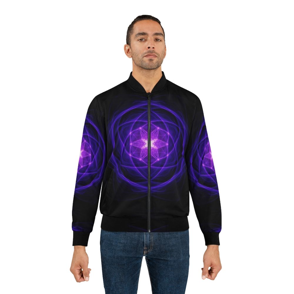 Indigo bomber jacket with energetic geometry, sacred geometry, and spiritual designs - Lifestyle