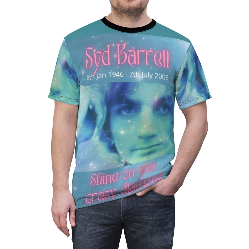 Stylized t-shirt design featuring Syd Barrett, the founding member and original frontman of the iconic band Pink Floyd - men front