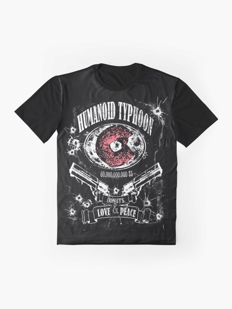 Trigun anime character Vash the Stampede, known as the "Humanoid Typhoon", featured on a graphic t-shirt design with donuts. - Flat lay