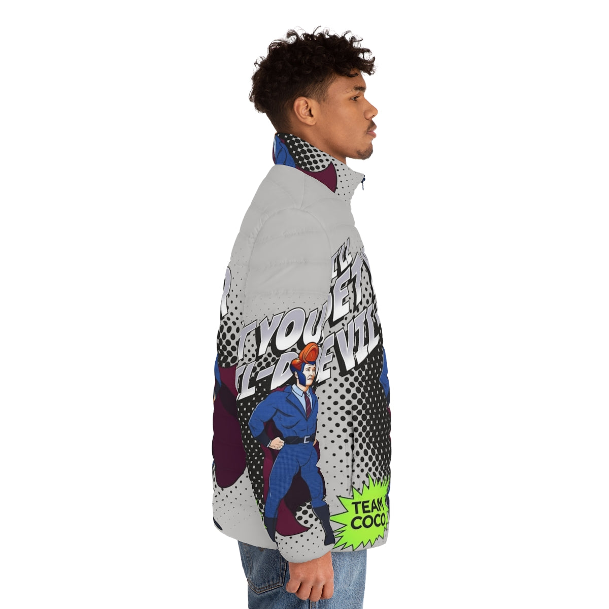 A model wearing a stylish puffer jacket with a superhero-inspired design - men side right