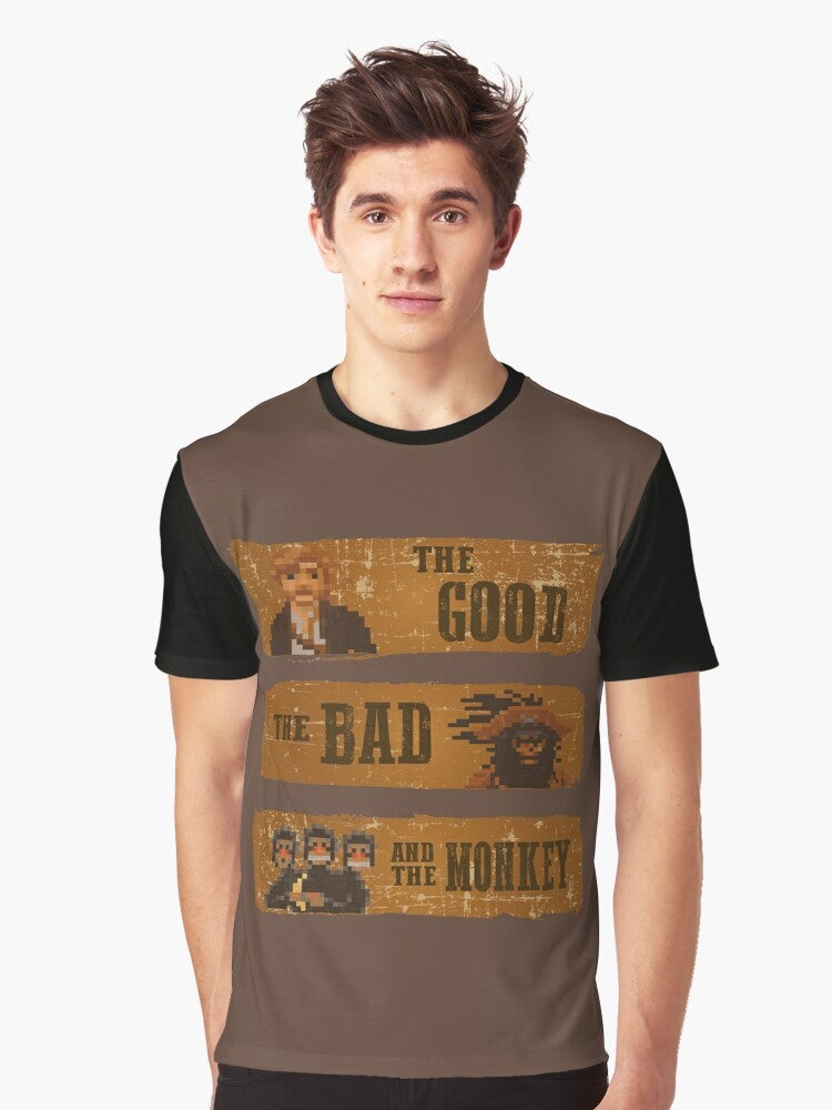 Monkey Island graphic t-shirt featuring the good, the bad, and the monkey characters from the classic 80s videogame. - Men