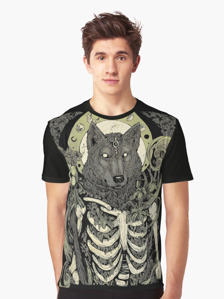 Werewolf graphic t-shirt with a dark, mythical design featuring a wolf skull and skeleton elements - Men