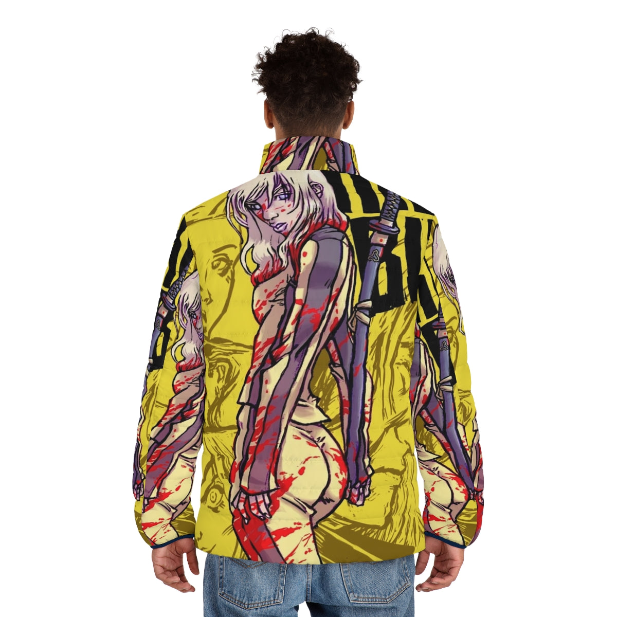 Kill Bill inspired puffer jacket featuring ninja-style design elements - men back