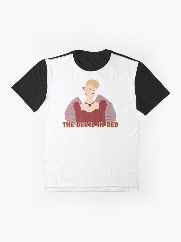 Bridgerton Netflix graphic t-shirt featuring the character Cressida Cowper in a red dress - Flat lay