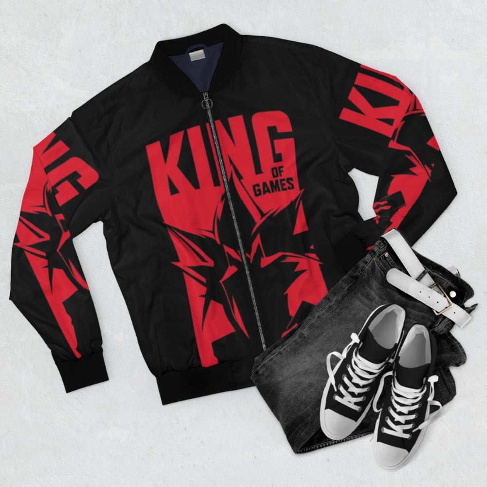 Yugioh bomber jacket, featuring Yugi, Yami, and Yu-Gi-Oh! inspired graphics - Flat lay