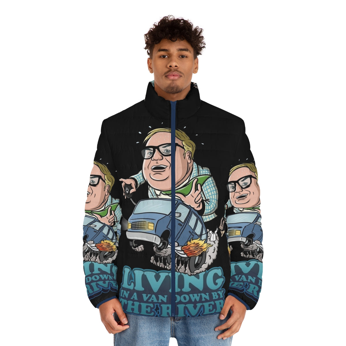 Matt Foley's "Van Down By The River" inspired puffer jacket - men front