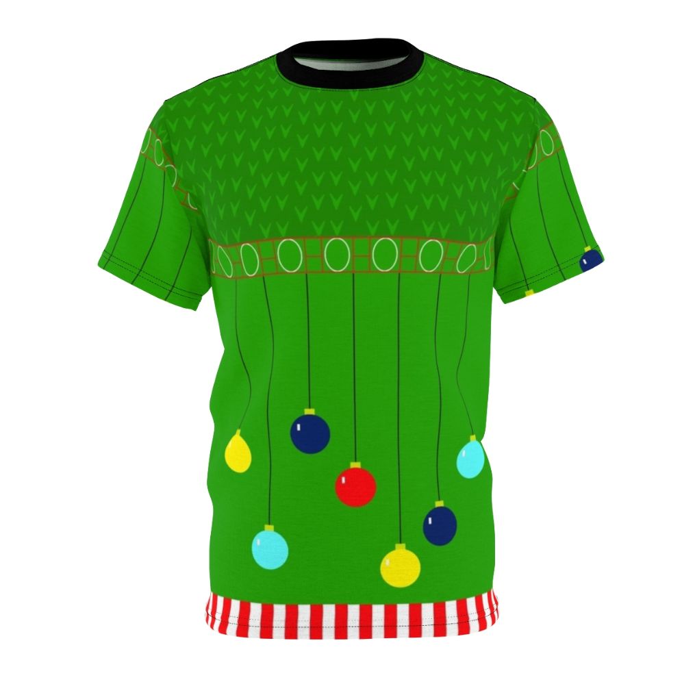 Image of a green and red t-shirt with a bold, festive Arthur Christmas sweater design