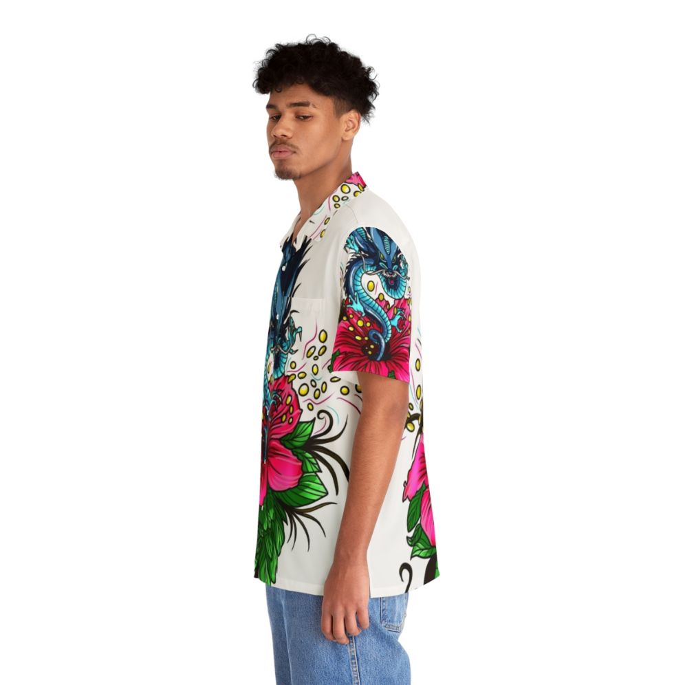 Vibrant dragon and hibiscus design on a Hawaiian shirt - People Left