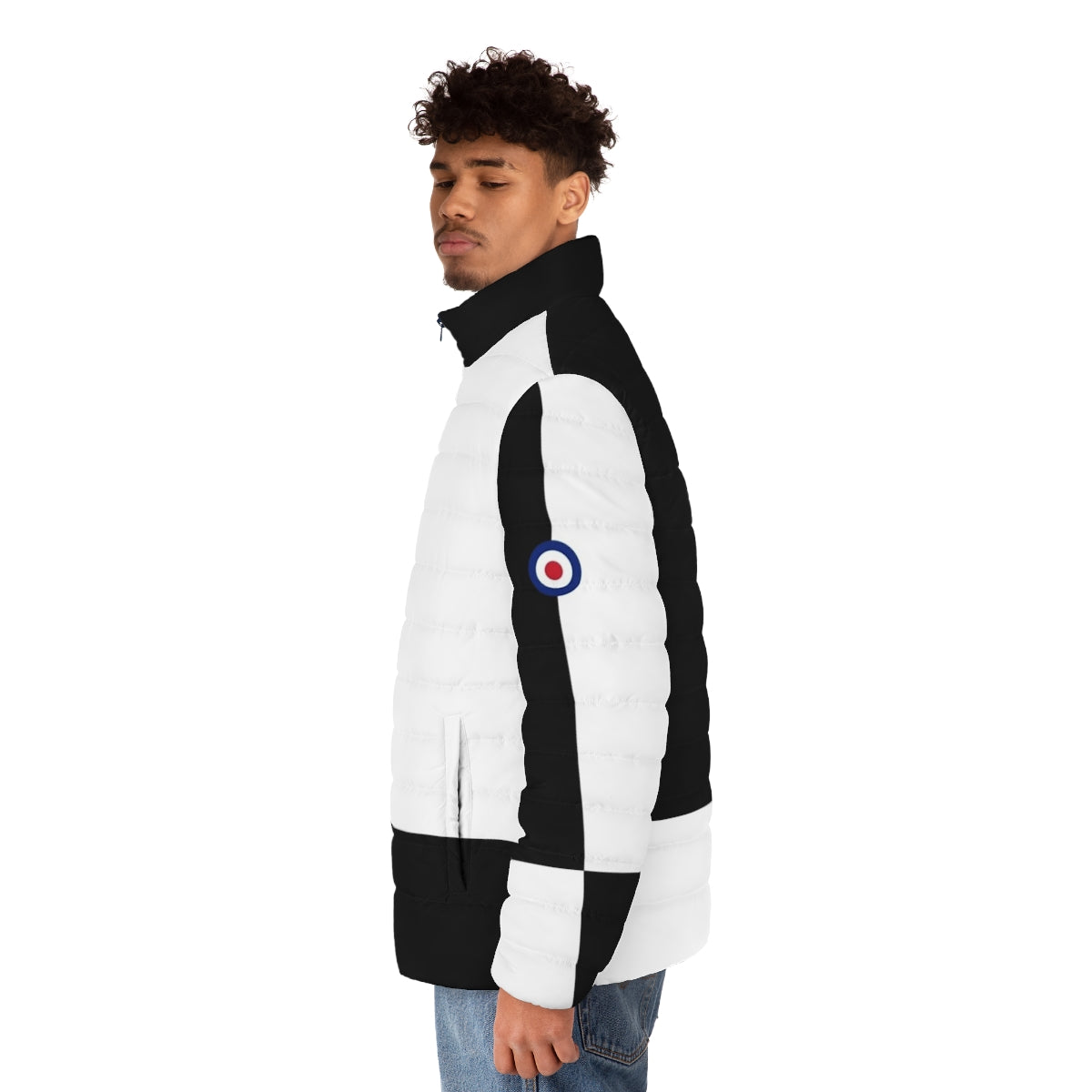 Mod-inspired black and white puffer jacket with mod logo - men side left