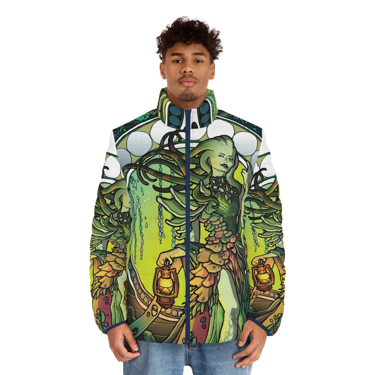 Vraska The Golgari Queen puffer jacket featuring magic the gathering medusa artwork - men front