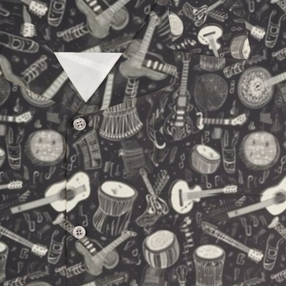 Black and white Hawaiian shirt with congo drums and guitars design - Detail