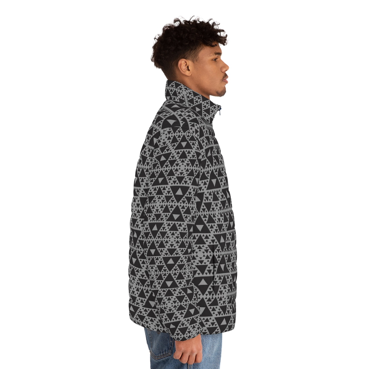 A dark puffer jacket featuring a repeating triangular mocap pattern inspired by Sierpinski's triangle - men side right