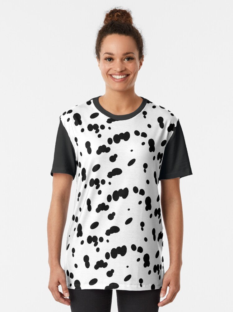 A t-shirt featuring a graphic design of a dalmatian dog's spotted fur pattern. - Women