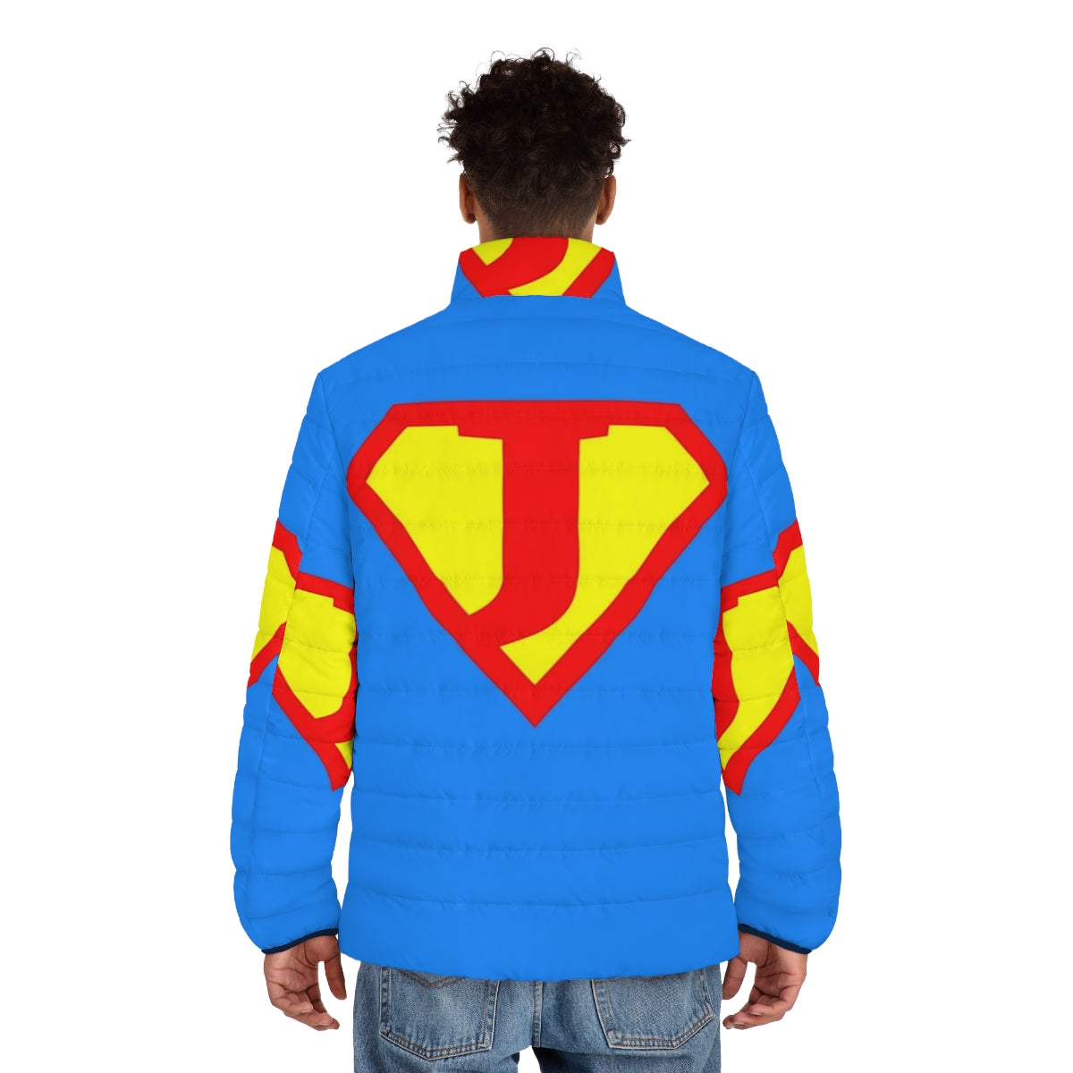 Super Letter A-Z Puffer Jacket featuring comic book-inspired superhero designs - men back