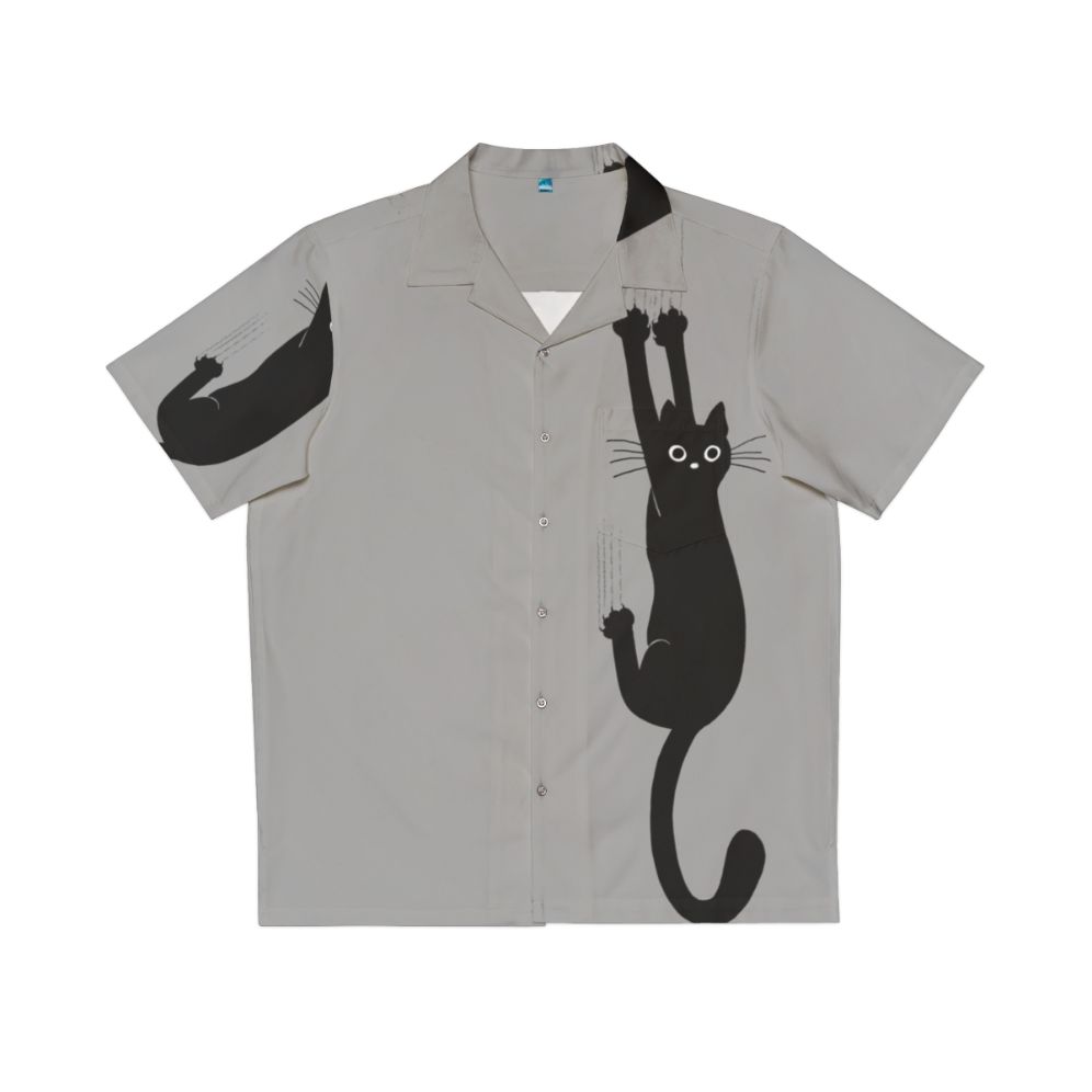 Funny black cat cartoon design on a Hawaiian-style shirt