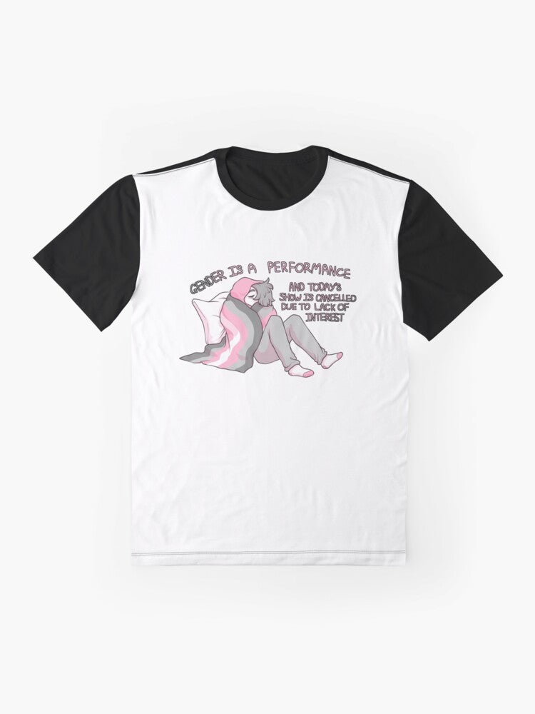 Demigirl pride graphic t-shirt with the text "Gender Is a Cancelled Performance" - Flat lay