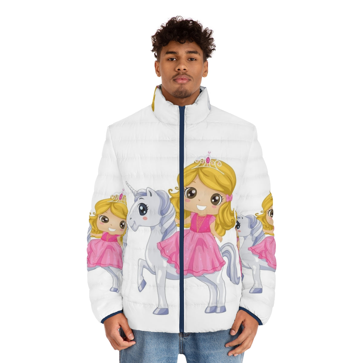 Legendary animals puffer jacket featuring a mystic dragon, unicorn, and lightning falcon - men front