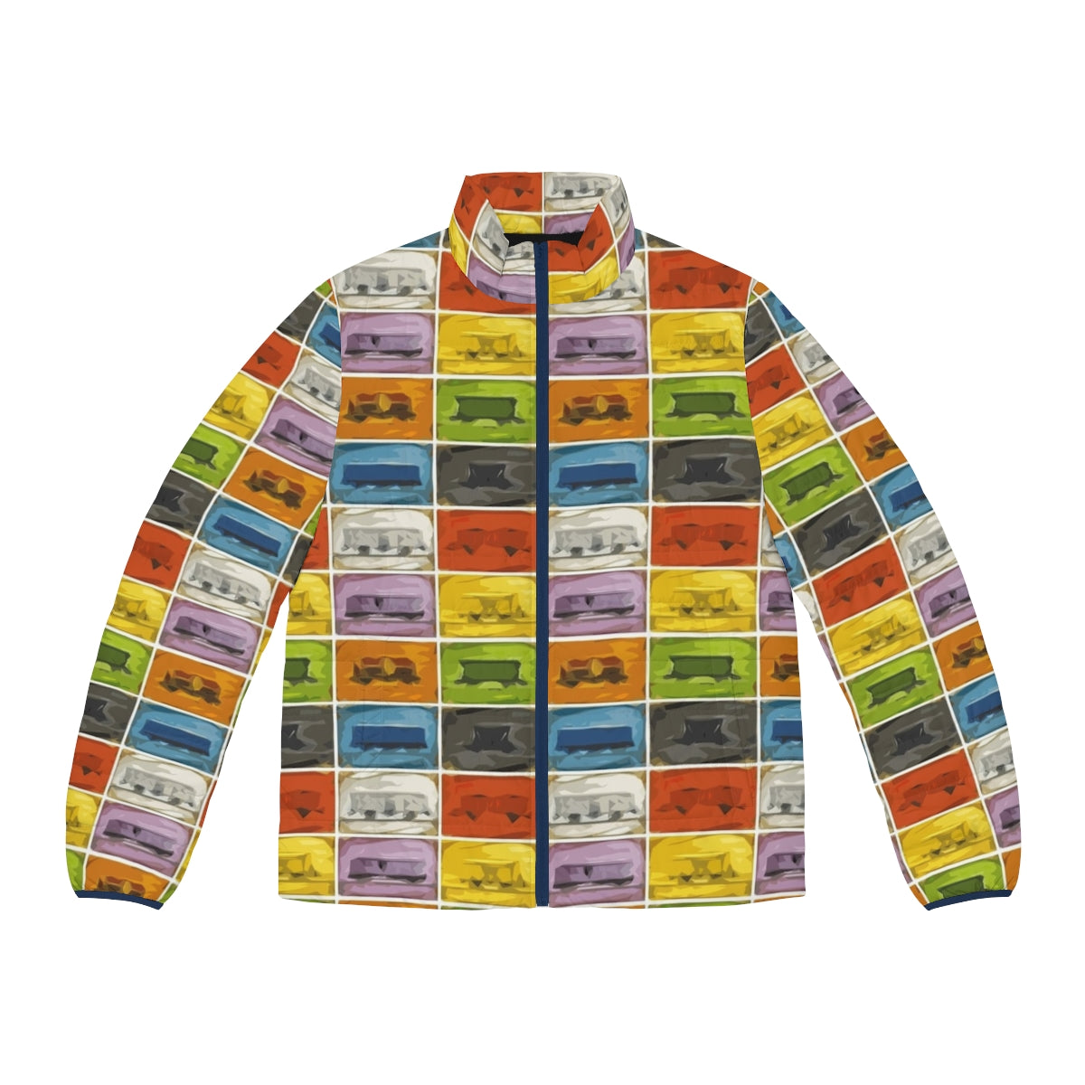 Puffer jacket with Ticket to Ride the Trains design, perfect for retro game enthusiasts