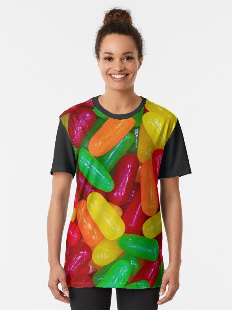 Colorful Mike and Ikes candy graphic on a t-shirt - Women