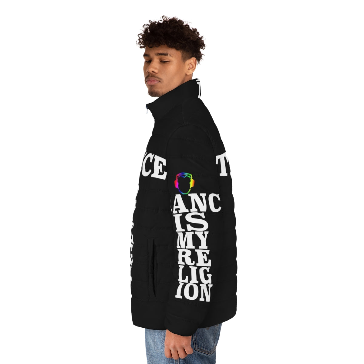 Trance Is My Religion Puffer Jacket featuring electronic dance music symbols and artists - men side left