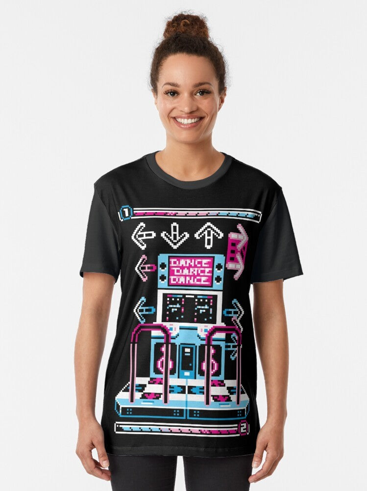 Retro dance arcade graphic t-shirt with 8-bit pixel art dance revolution design - Women