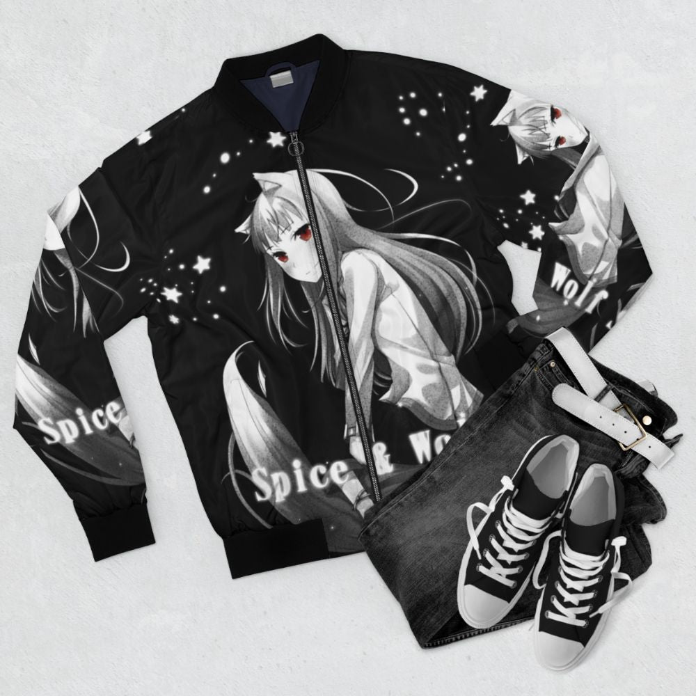 Stylish "Spice and Wolf" themed anime bomber jacket in monochrome nuar night color - Flat lay