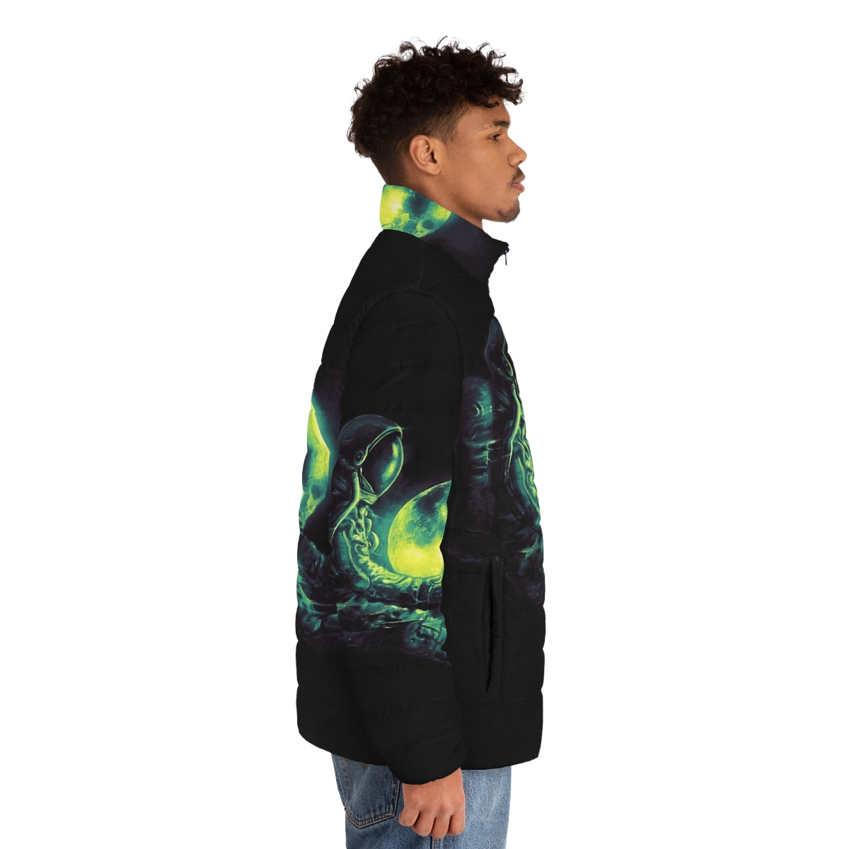 Stylish puffer jacket with a surreal, intergalactic design featuring the moon, stars, and planets - men side right