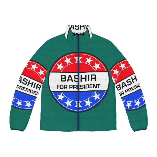 Sci-Fi Puffer Jacket with Star Trek Inspired Graphics and 'Bashir For President' Design