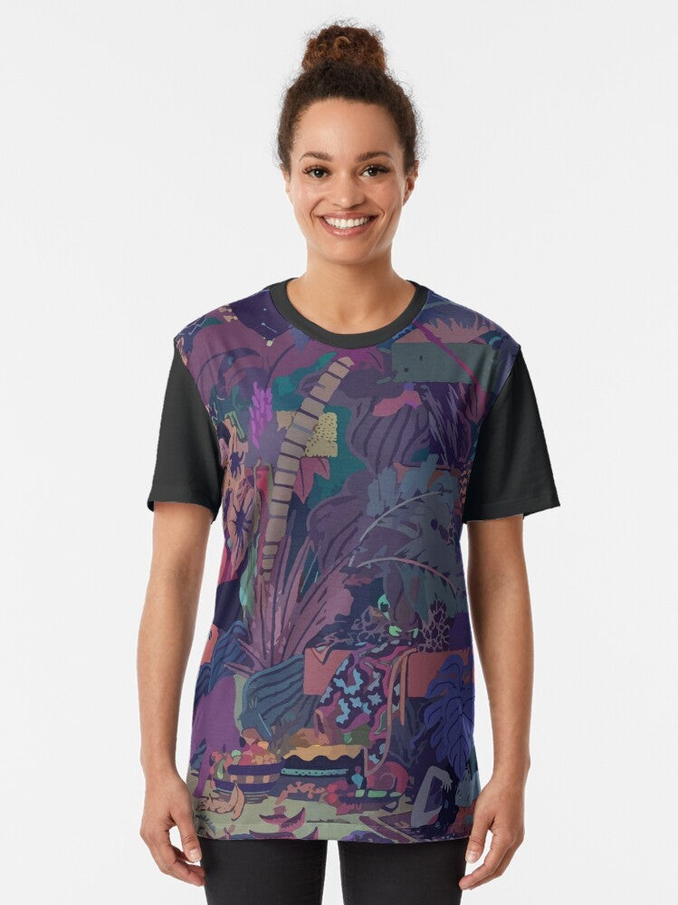 Glass Animals "ZABA" Graphic T-Shirt featuring a colorful, abstract, and moody album cover design. - Women