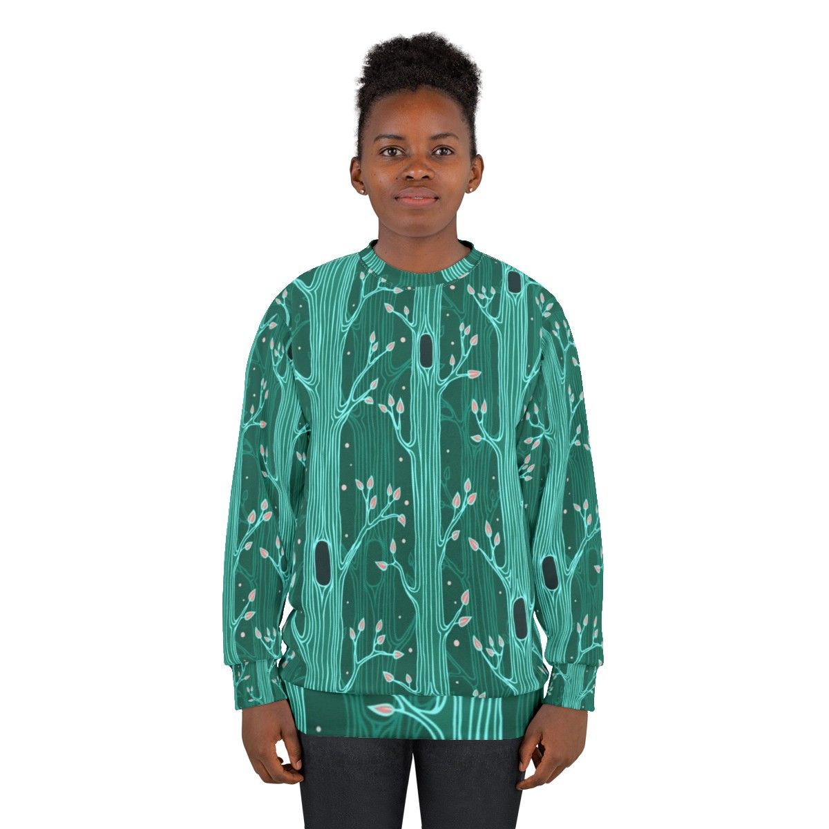 Emerald Forest Seamless Pattern Sweatshirt with Tree Silhouettes - women