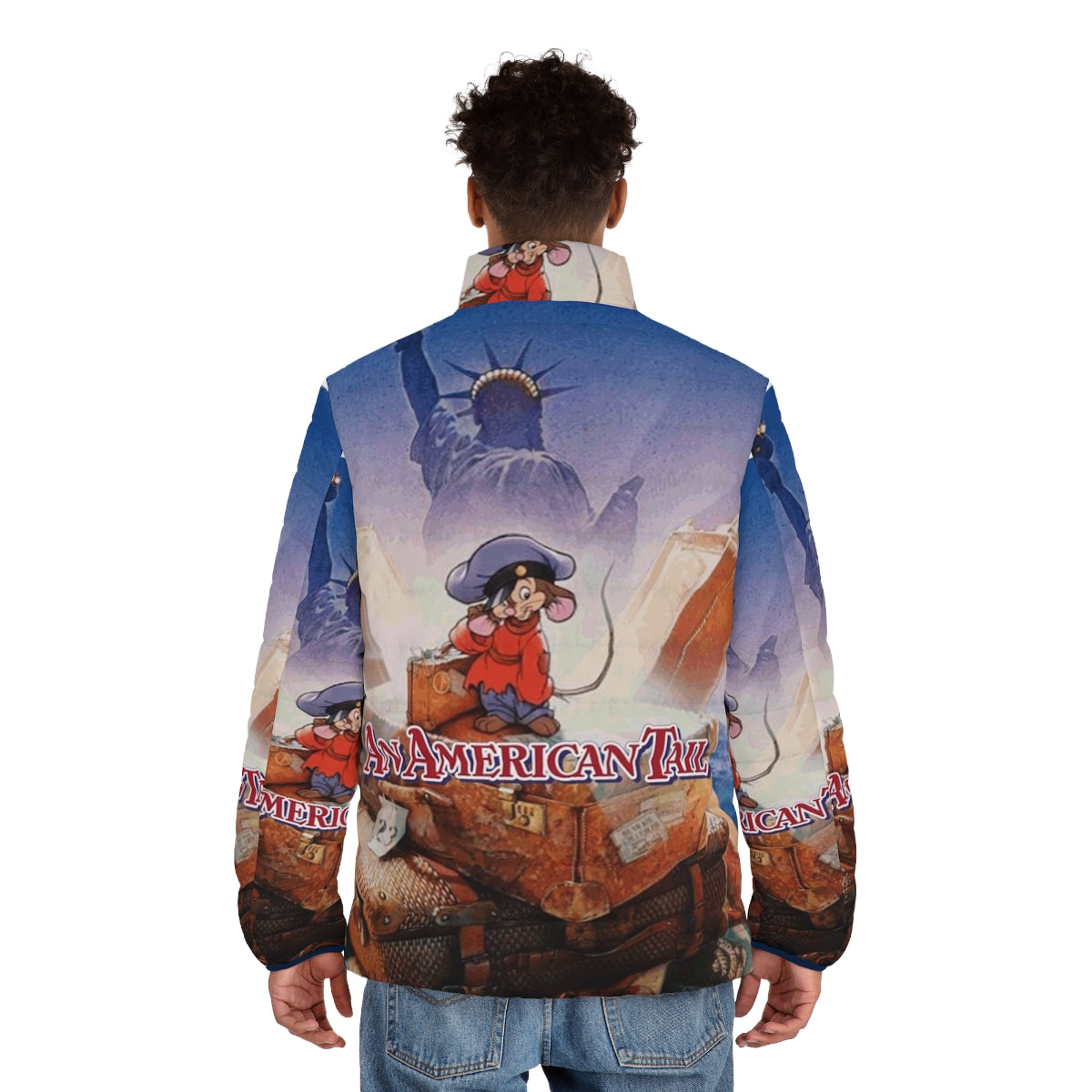 Drew Struzan inspired An American Tail puffer jacket featuring Fievel and the Statue of Liberty - men back