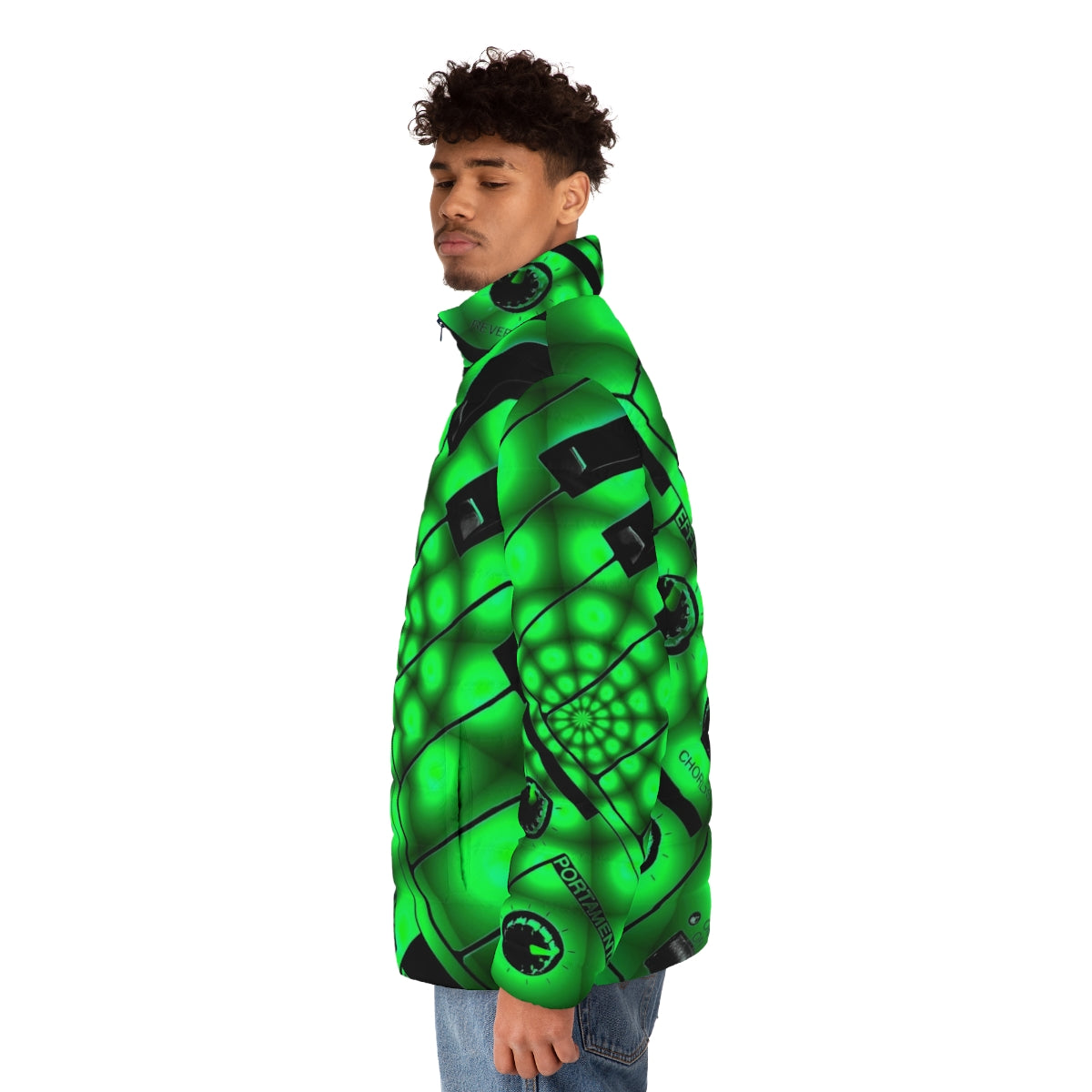 Puffer jacket with printed synthesizer keys and filters design - men side left