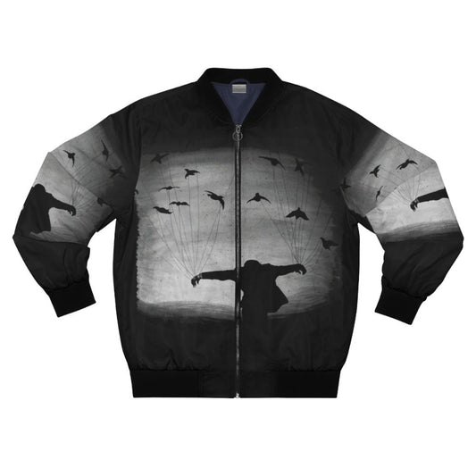 A black and white bomber jacket with a hand-painted design of a raven flying against a cloudy, mysterious background.