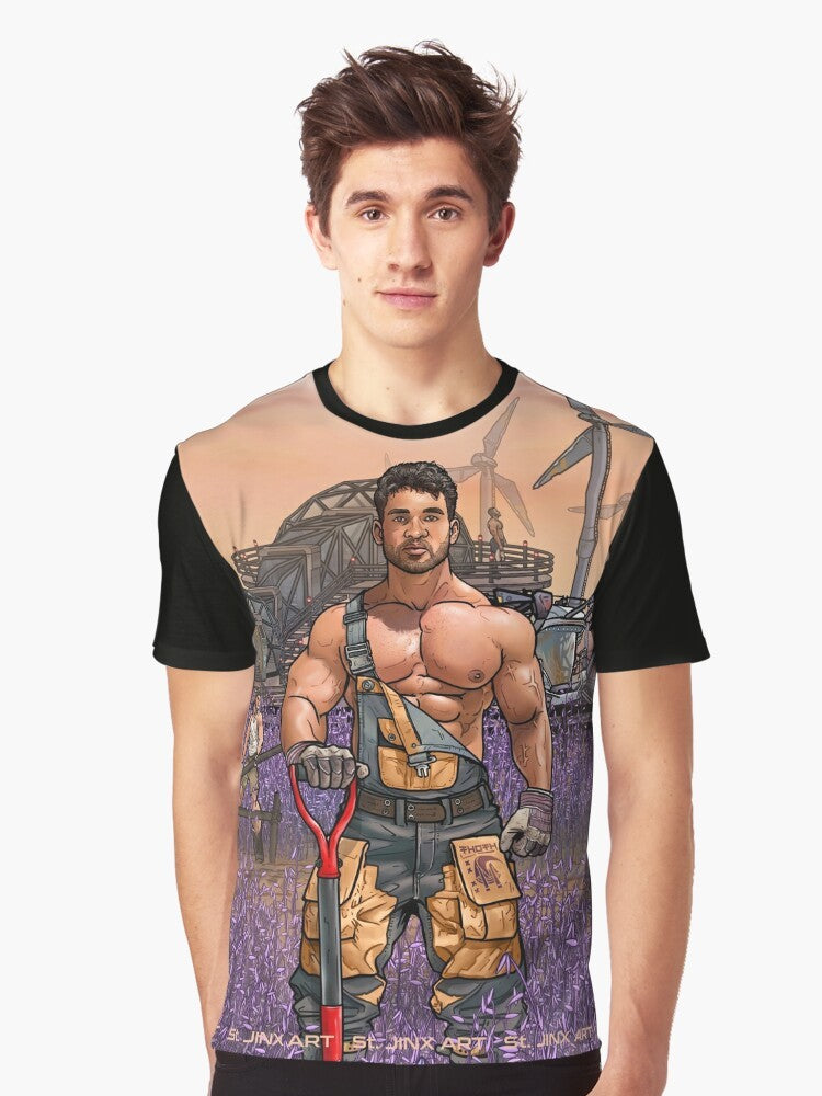 Gay sci-fi graphic t-shirt featuring the "The Settlers [Mars Sanctum]" design with LGBTQ+ elements. - Men