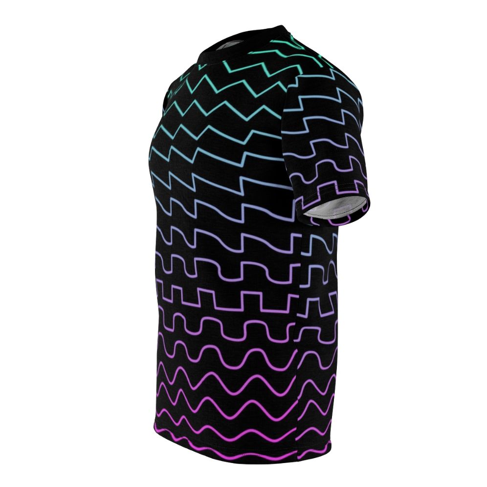 T-shirt featuring a stylized design of common synthesizer waveforms including sine, triangle, square, and saw. - men left