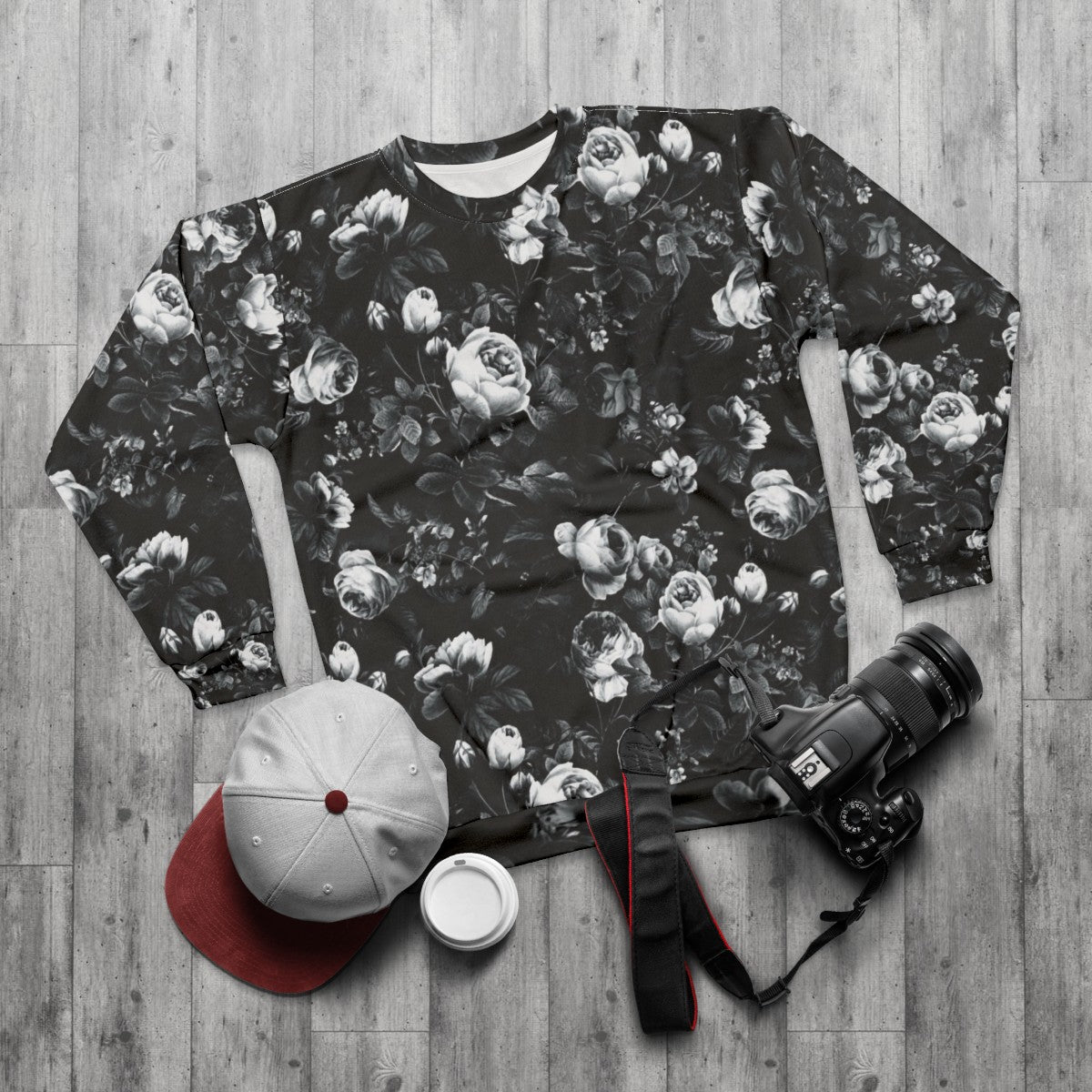 Roses Black and White Sweatshirt - flat lay