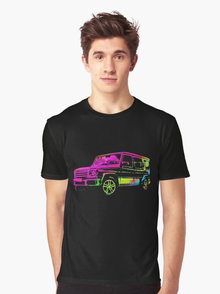 Graphic t-shirt featuring a vibrant, abstract and psychedelic design of a G-Wagon off-road luxury SUV. - Men