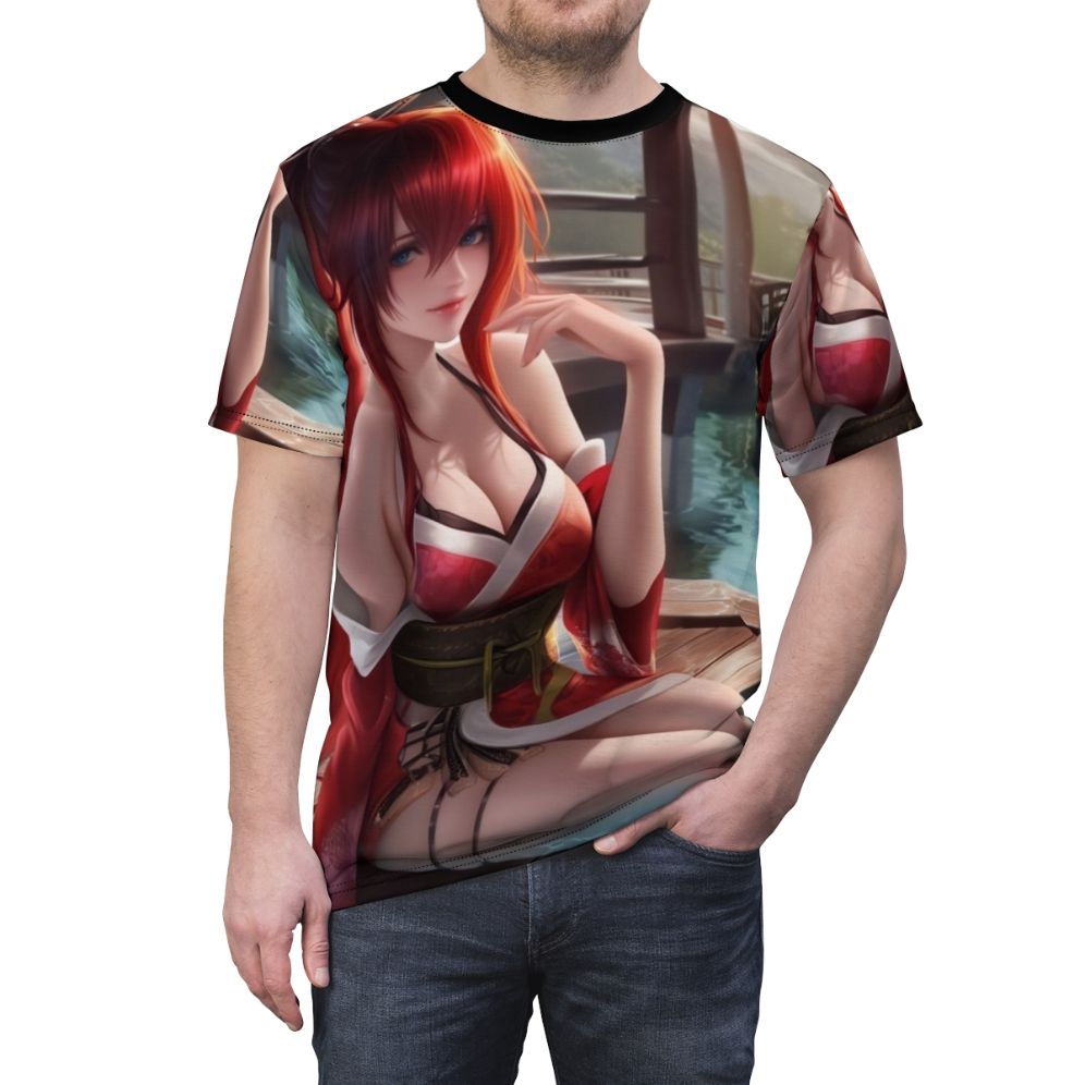 Anime girl Rias Gremory in a hot spring t-shirt design - men front