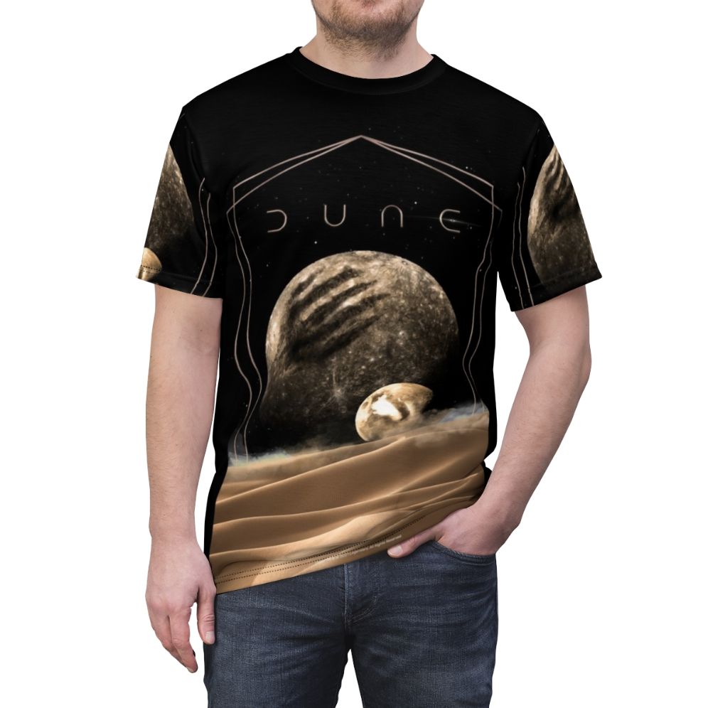 Dune-inspired moons artwork on an all-over print t-shirt - men front