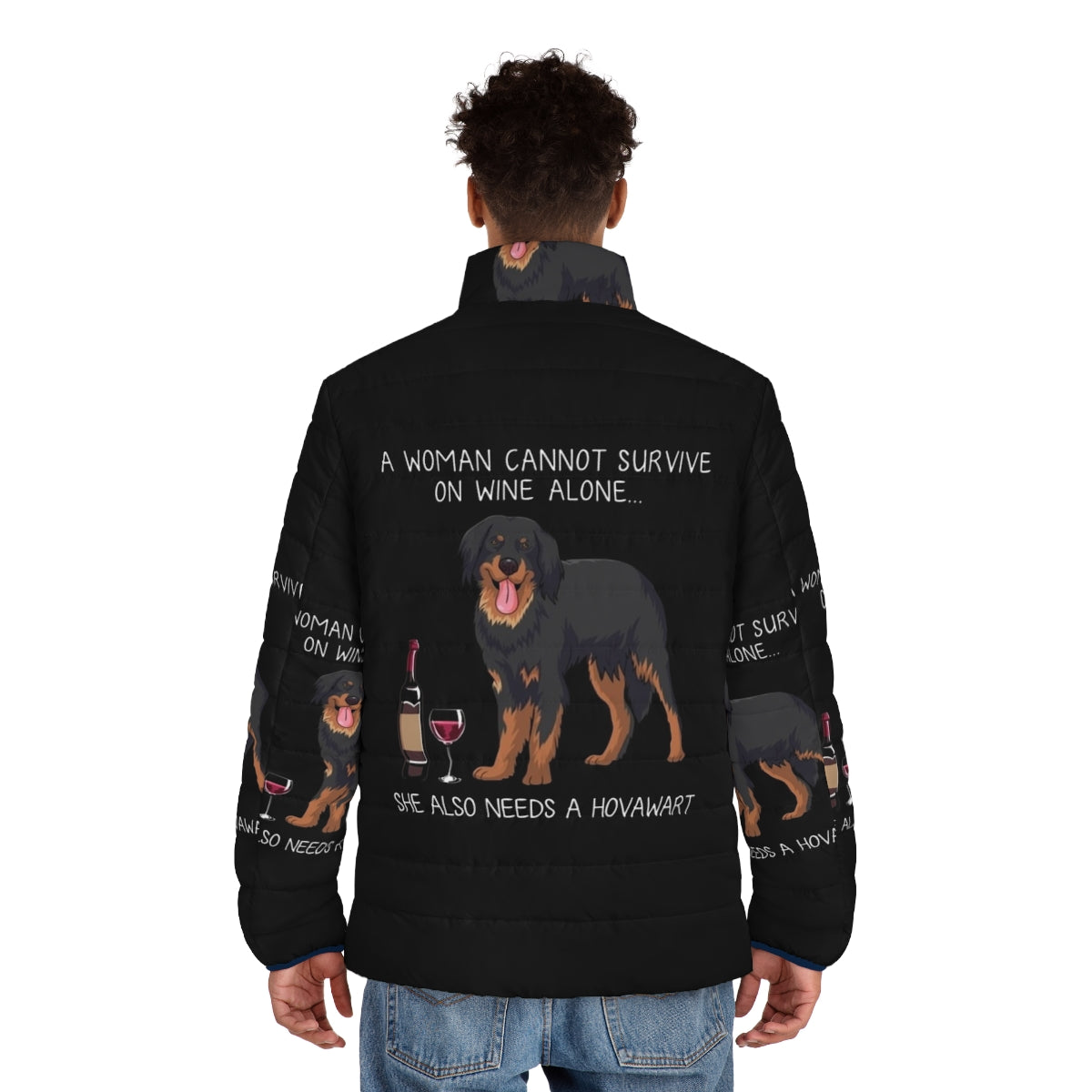 Hovawart dog wearing a puffer jacket with a funny dog and wine design - men back